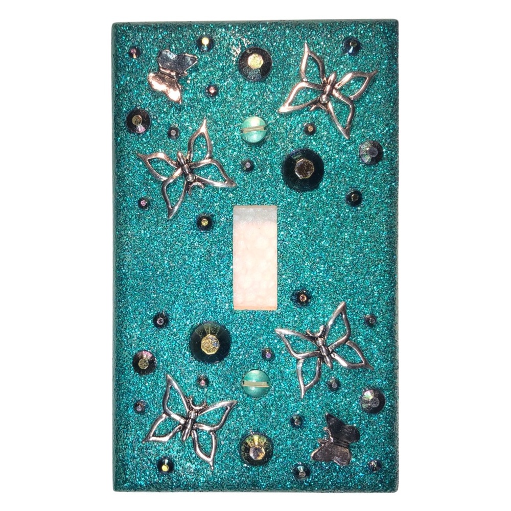 Hand Decorated Butterflies Silver Teal Single Toggle Switch Wallplate Cover